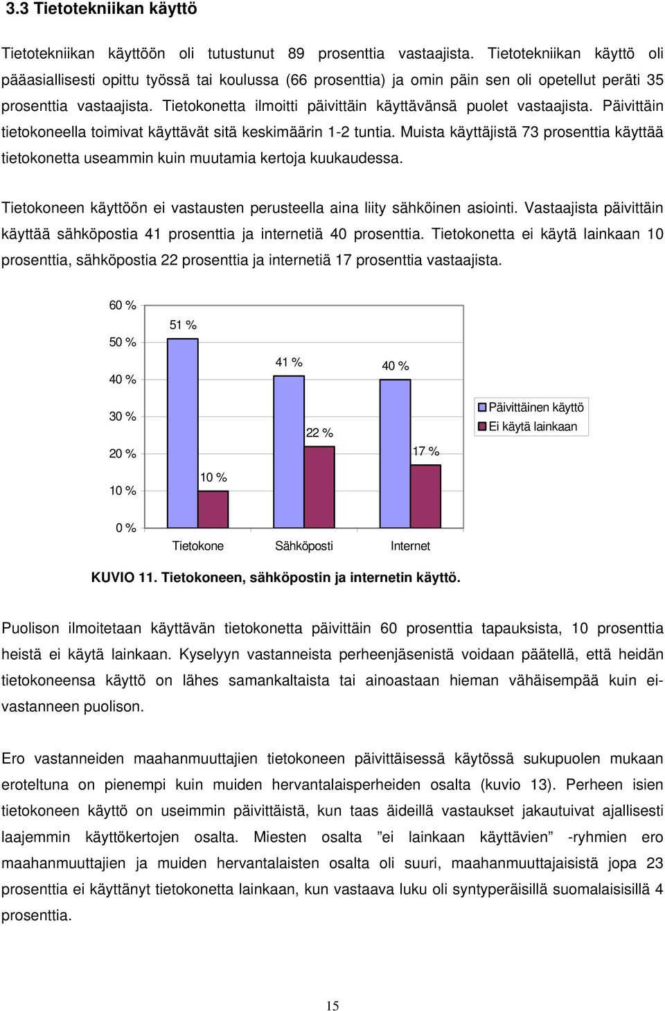 Tietokonetta ilmoitti päivittäin käyttävänsä puolet vastaajista. Päivittäin tietokoneella toimivat käyttävät sitä keskimäärin 1-2 tuntia.