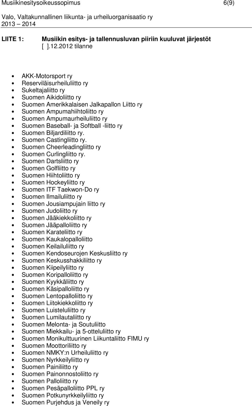 Ampumaurheiluliitto ry Suomen Baseball- ja Softball -liitto ry Suomen Biljardiliitto ry. Suomen Castingliitto ry. Suomen Cheerleadingliitto ry Suomen Curlingliitto ry.