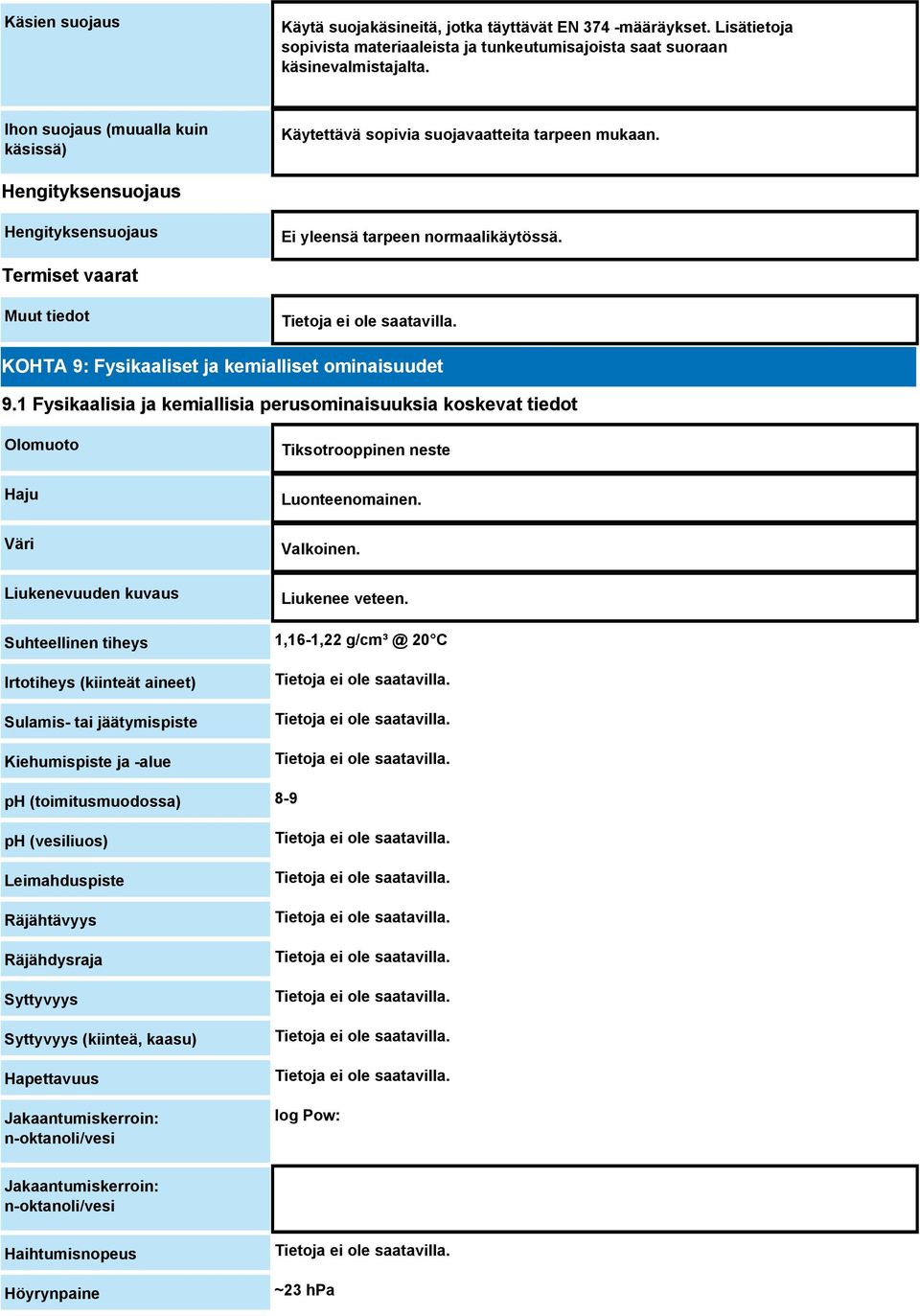 Termiset vaarat KOHTA 9: Fysikaaliset ja kemialliset ominaisuudet 9.