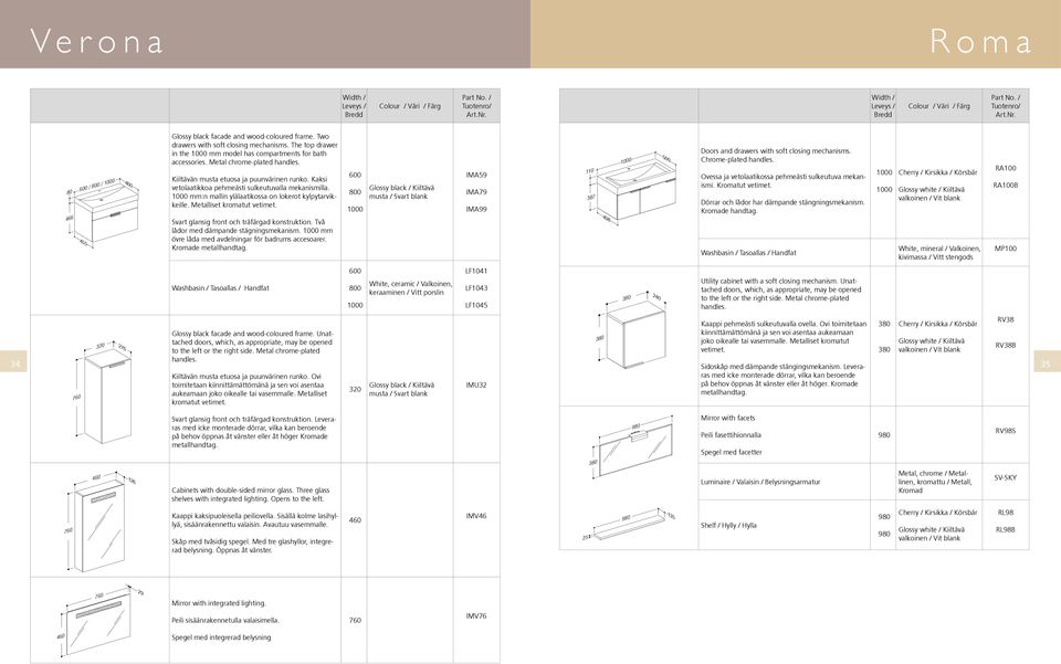 Kaksi vetolaatikkoa pehmeästi sulkeutuvalla mekanismilla. 1000 mm:n mallin ylälaatikossa on lokerot kylpytarvikkeille. Metalliset kromatut vetimet. Svart glansig front och träfärgad konstruktion.