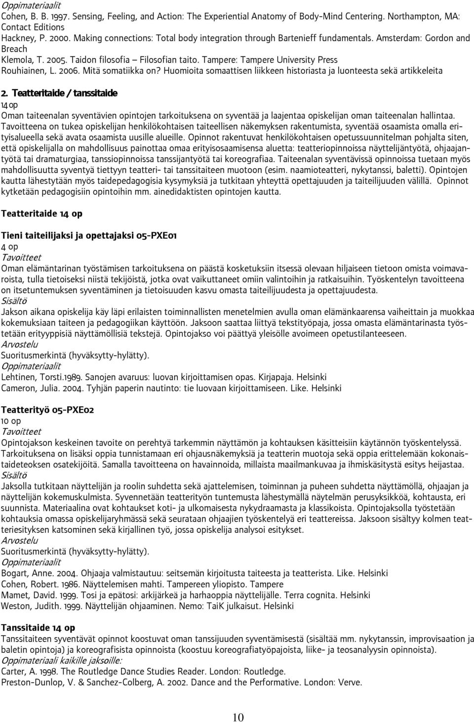 Tampere: Tampere University Press Rouhiainen, L. 2006. Mitä somatiikka on? Huomioita somaattisen liikkeen historiasta ja luonteesta sekä artikkeleita 2.