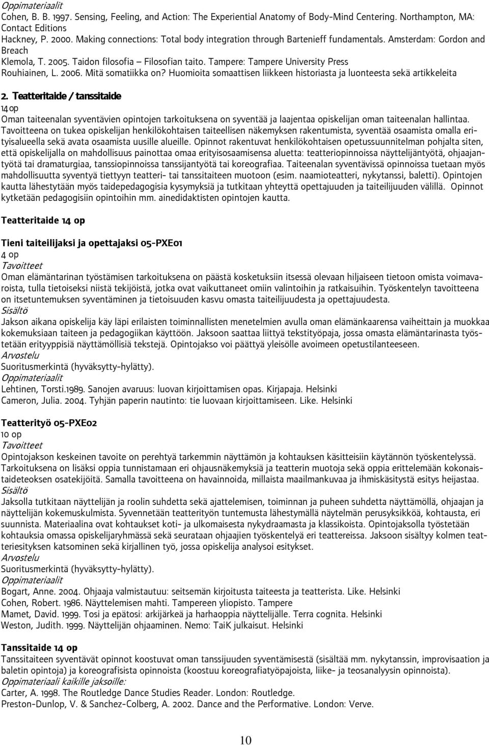 Tampere: Tampere University Press Rouhiainen, L. 2006. Mitä somatiikka on? Huomioita somaattisen liikkeen historiasta ja luonteesta sekä artikkeleita 2.