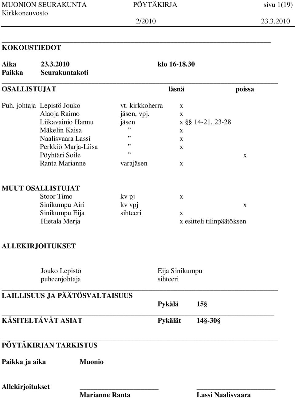 x Liikavainio Hannu jäsen x 14-21, 23-28 Mäkelin Kaisa x Naalisvaara Lassi x Perkkiö Marja-Liisa x Pöyhtäri Soile x Ranta Marianne varajäsen x MUUT OSALLISTUJAT Stoor Timo kv