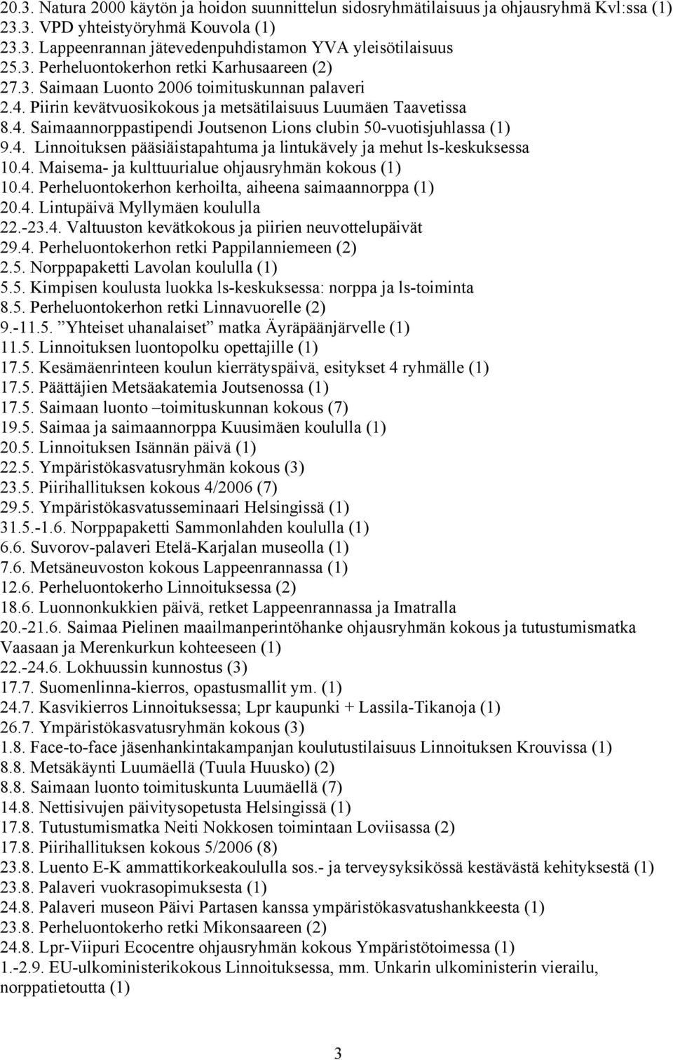 4. Maisema- ja kulttuurialue ohjausryhmän kokous (1) 10.4. Perheluontokerhon kerhoilta, aiheena saimaannorppa (1) 20.4. Lintupäivä Myllymäen koululla 22.-23.4. Valtuuston kevätkokous ja piirien neuvottelupäivät 29.