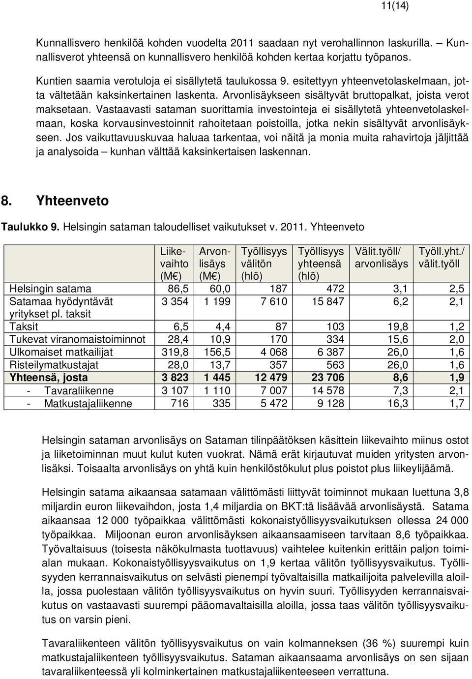 Vastaavasti sataman suorittamia investointeja ei sisällytetä yhteenvetolaskelmaan, koska korvausinvestoinnit rahoitetaan poistoilla, jotka nekin sisältyvät arvonlisäykseen.