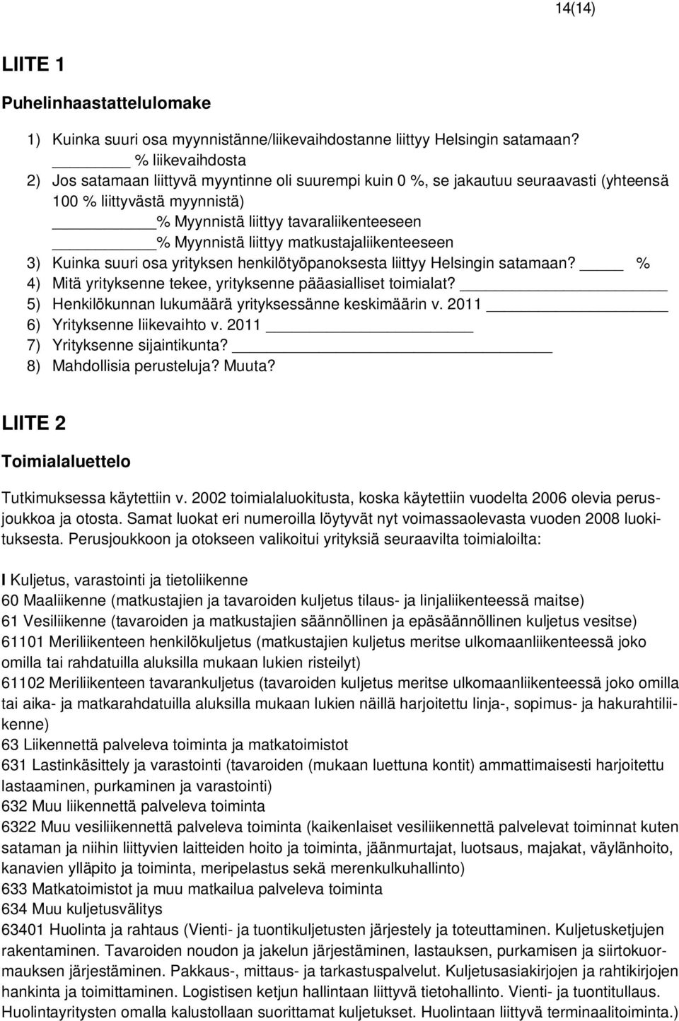 matkustajaliikenteeseen 3) Kuinka suuri osa yrityksen henkilötyöpanoksesta liittyy Helsingin satamaan? % 4) Mitä yrityksenne tekee, yrityksenne pääasialliset toimialat?