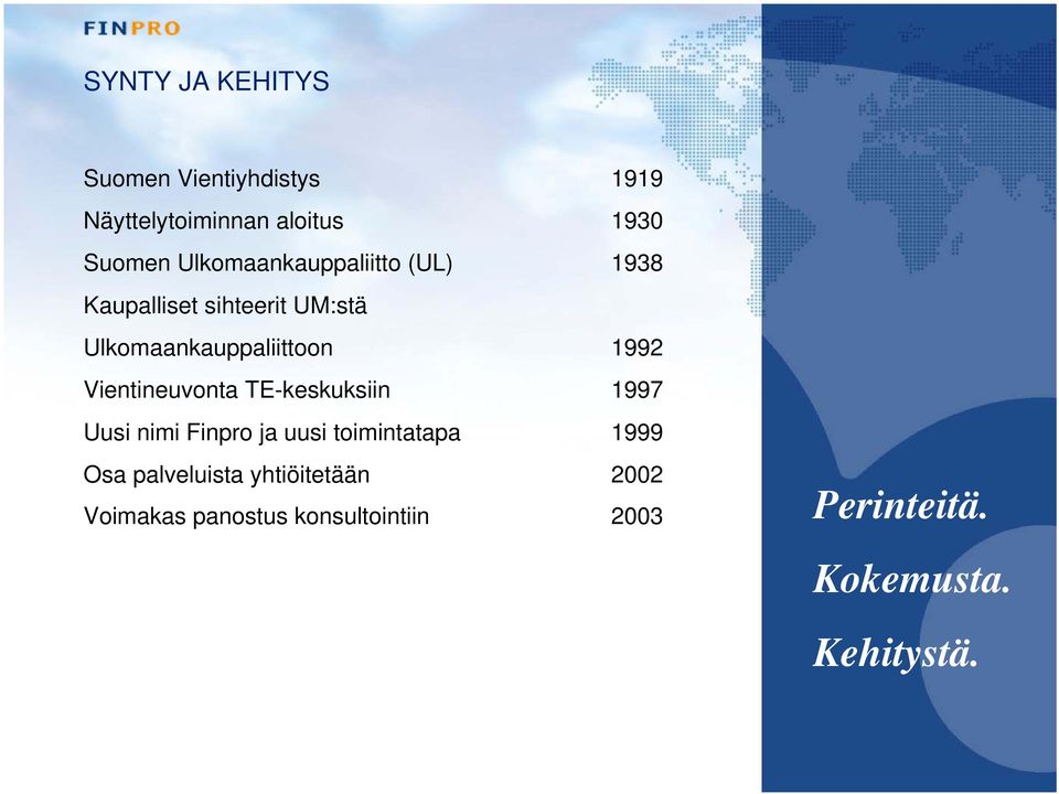 Vientineuvonta TE-keskuksiin 1997 Uusi nimi Finpro ja uusi toimintatapa 1999 Osa palveluista