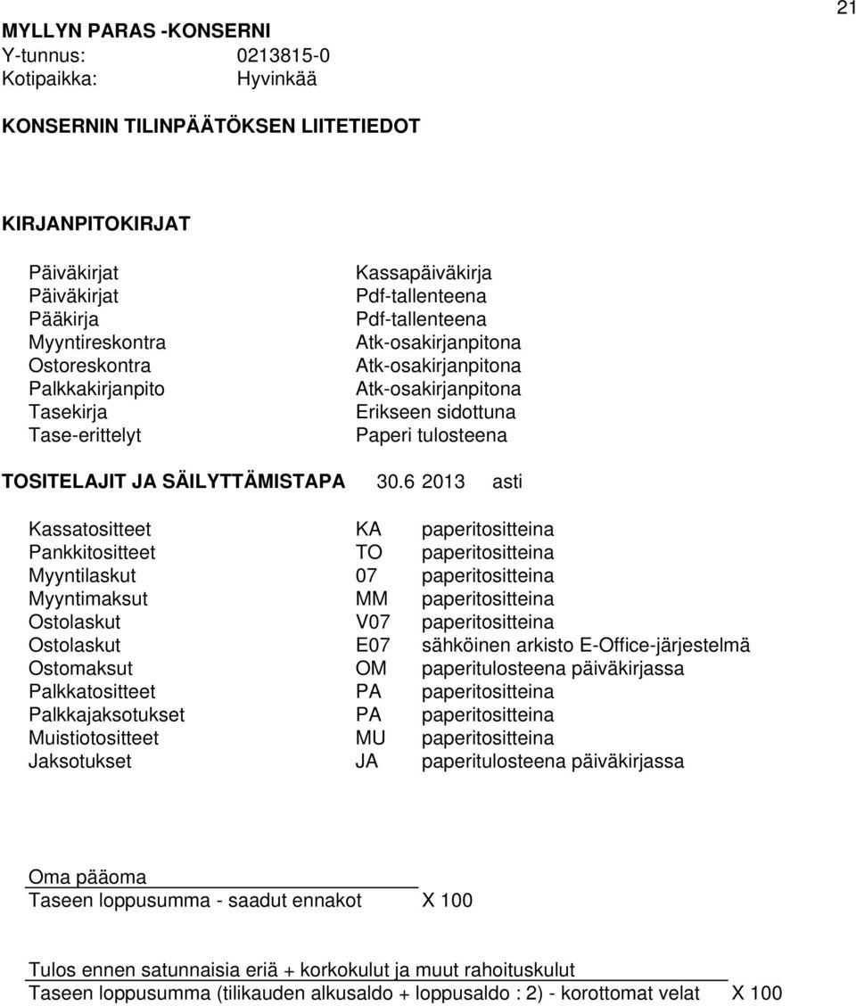 6 2013 asti Kassatositteet KA paperitositteina Pankkitositteet TO paperitositteina Myyntilaskut 07 paperitositteina Myyntimaksut MM paperitositteina Ostolaskut V07 paperitositteina Ostolaskut E07