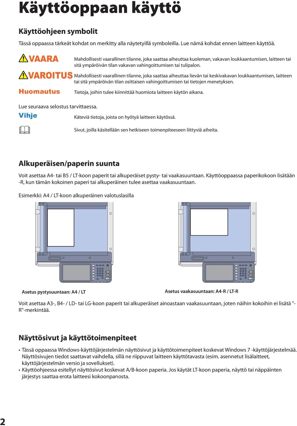 VAROITUS Mahdollisesti vaarallinen tilanne, joka saattaa aiheuttaa lievän tai keskivakavan loukkaantumisen, laitteen tai sitä ympäröivän tilan osittaisen vahingoittumisen tai tietojen menetyksen.