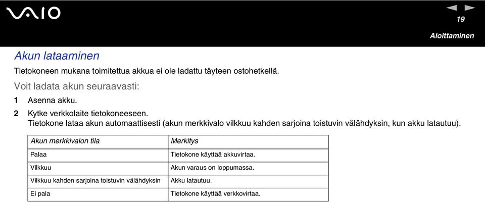 Tietokone lataa akun automaattisesti (akun merkkivalo vilkkuu kahden sarjoina toistuvin välähdyksin, kun akku latautuu).