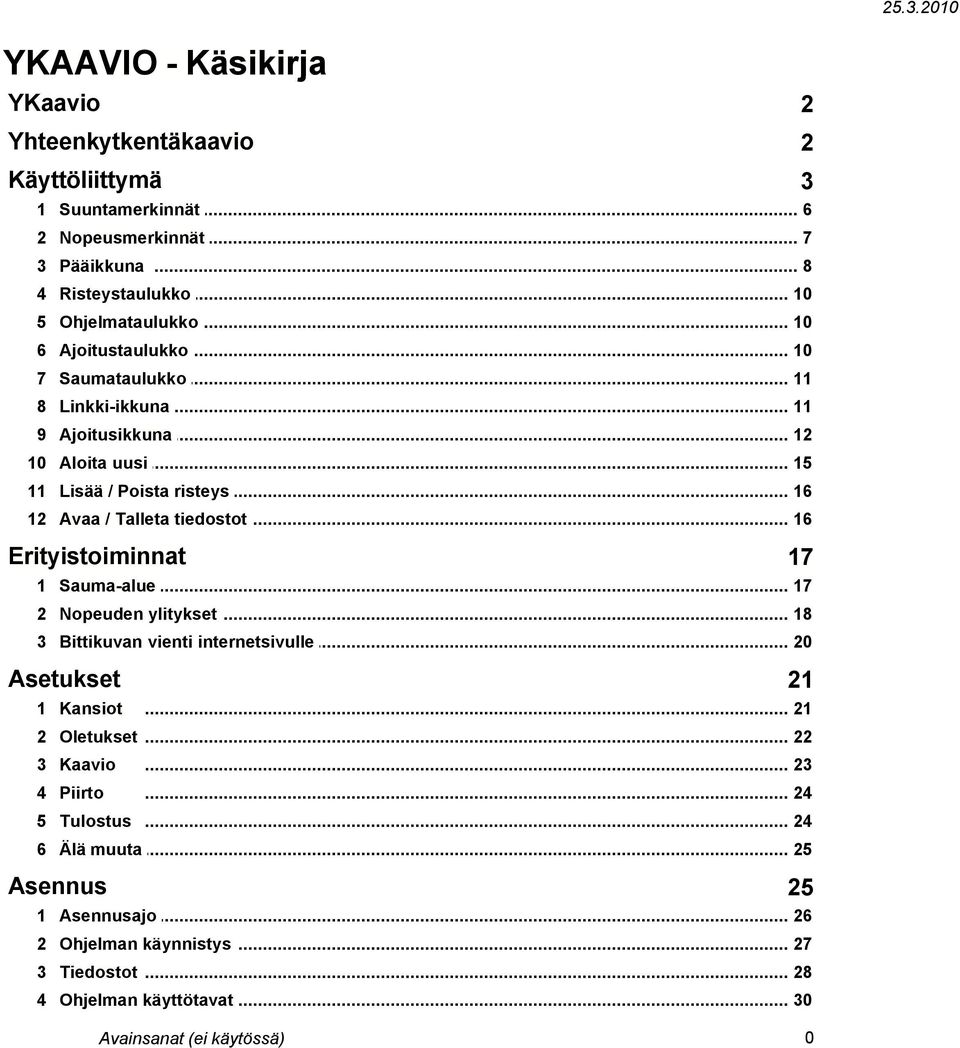 .. risteys 16 12 Avaa / Talleta... tiedostot 16 Erityistoiminnat 17 1 Sauma-alue... 17 2 Nopeuden... ylitykset 18 3 Bittikuvan... vienti internetsivulle 20 Asetukset 21 1 Kansiot.