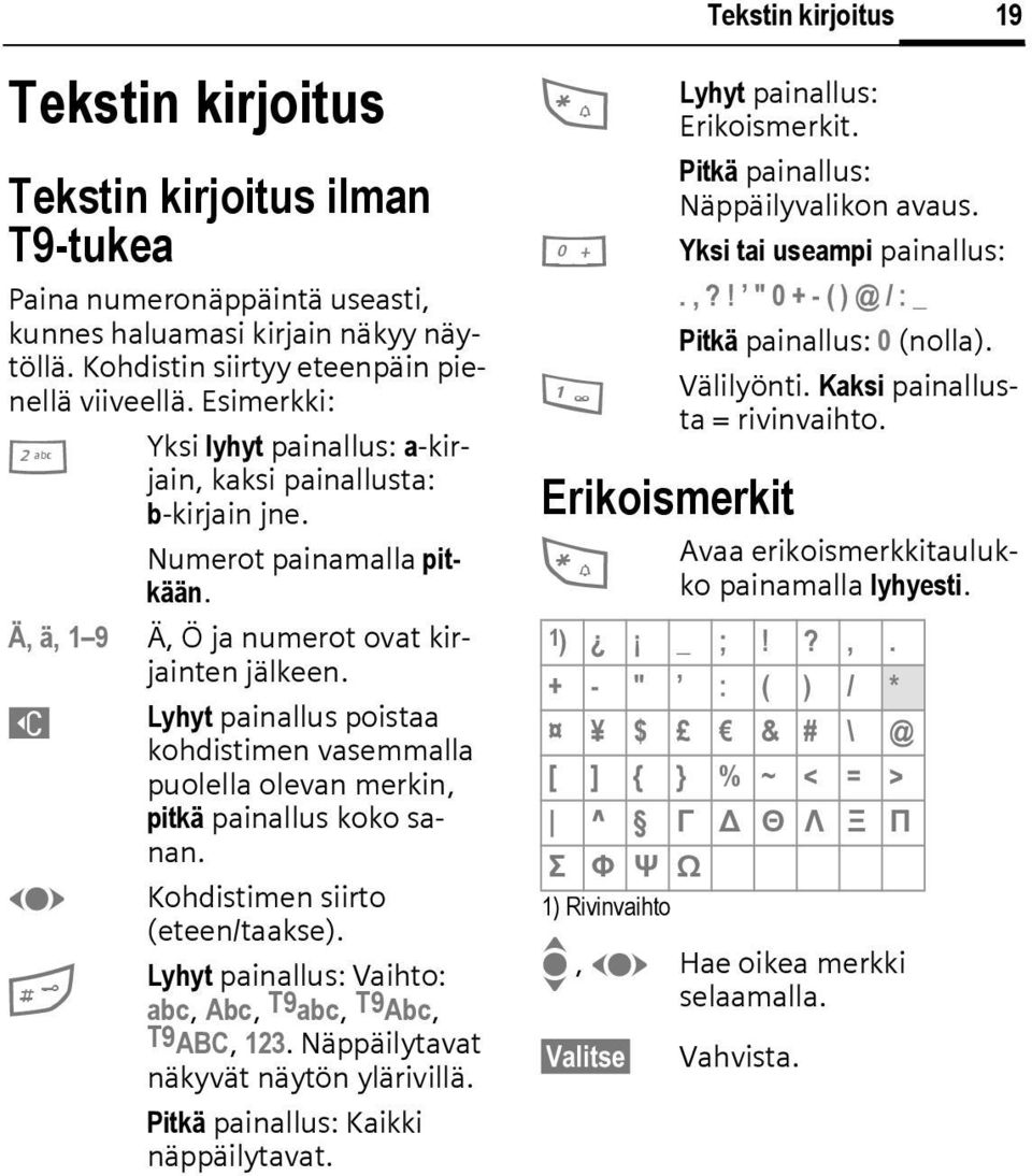 ] Lyhyt painallus poistaa kohdistimen vasemmalla puolella olevan merkin, pitkä painallus koko sanan. F Kohdistimen siirto (eteen/taakse). Lyhyt painallus: Vaihto: # abc, Abc, T9abc, T9Abc, T9AB, 123.