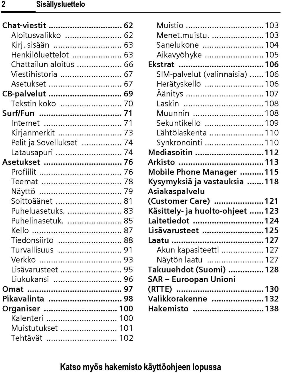 ... 83 Puhelinasetuk.... 85 Kello... 87 Tiedonsiirto... 88 Turvallisuus... 91 Verkko... 93 Lisävarusteet... 95 Liukukansi... 96 Omat... 97 Pikavalinta... 98 Organiser... 100 Kalenteri.