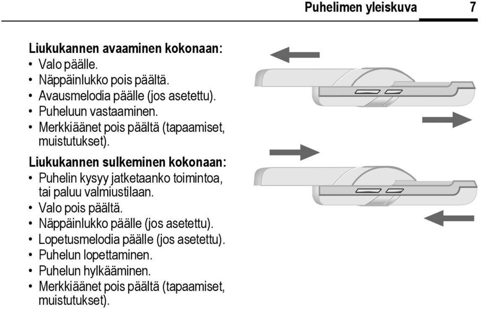 Liukukannen sulkeminen kokonaan: Puhelin kysyy jatketaanko toimintoa, tai paluu valmiustilaan. Valo pois päältä.