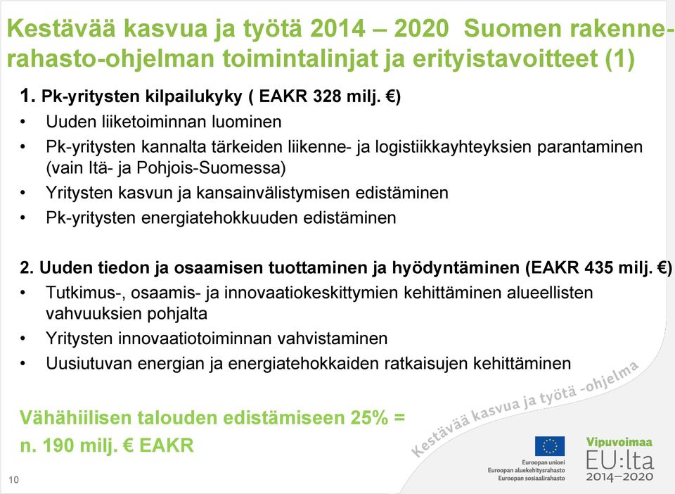 edistäminen Pk-yritysten energiatehokkuuden edistäminen 2. Uuden tiedon ja osaamisen tuottaminen ja hyödyntäminen (EAKR 435 milj.