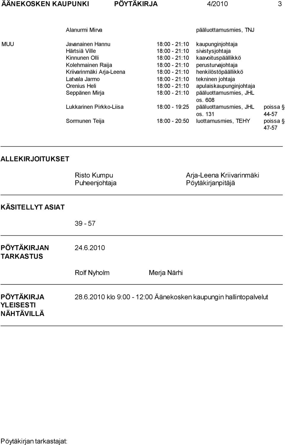 apulaiskaupunginjohtaja Seppänen Mirja 18:00-21:10 pääluottamusmies, JHL os. 608 Lukkarinen Pirkko-Liisa 18:00-19:25 pääluottamusmies, JHL os.