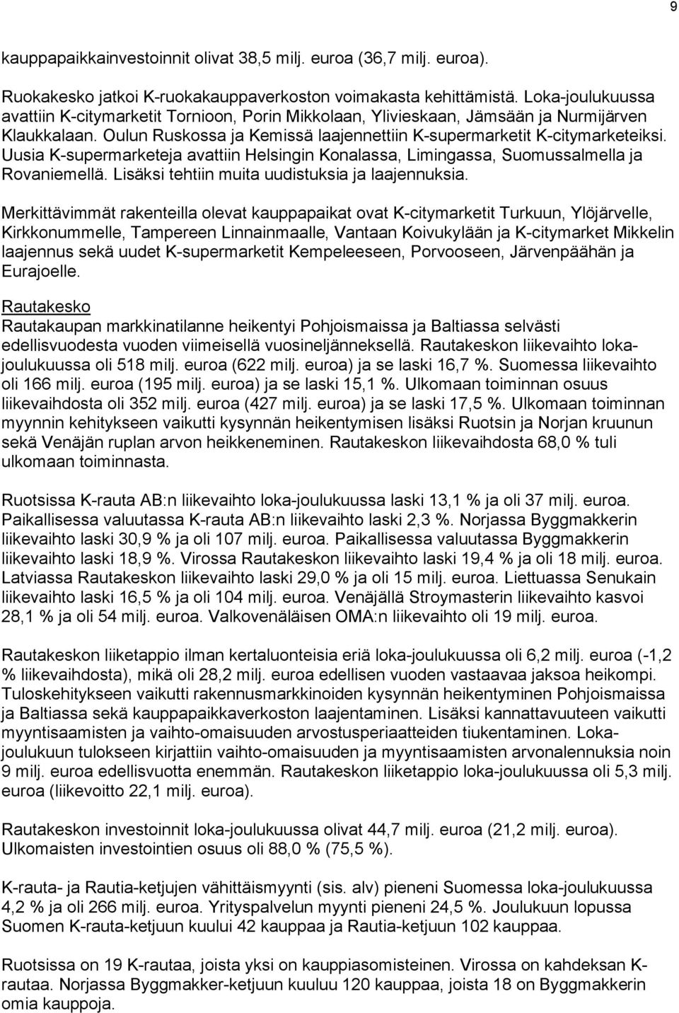 Uusia K-supermarketeja avattiin Helsingin Konalassa, Limingassa, Suomussalmella ja Rovaniemellä. Lisäksi tehtiin muita uudistuksia ja laajennuksia.