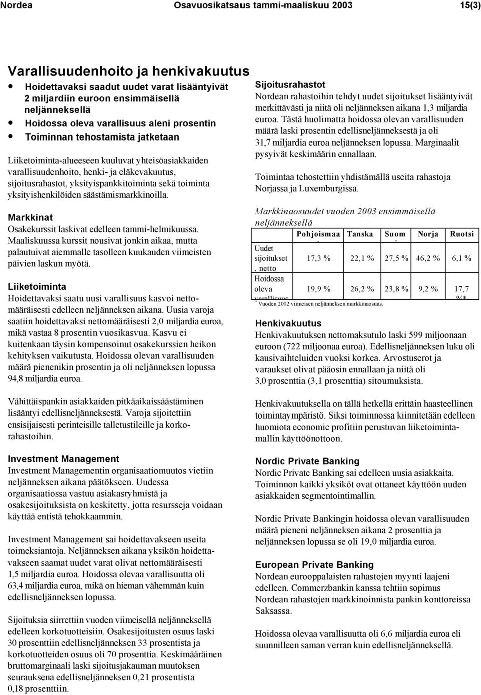 sekä toiminta yksityishenkilöiden säästämismarkkinoilla. Markkinat Osakekurssit laskivat edelleen tammi-helmikuussa.