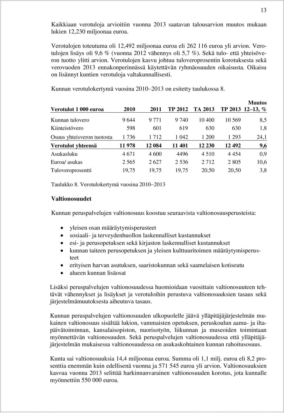 Verotulojen kasvu johtuu tuloveroprosentin korotuksesta sekä verovuoden 2013 ennakonperinnässä käytettävän ryhmäosuuden oikaisusta. Oikaisu on lisännyt kuntien verotuloja valtakunnallisesti.