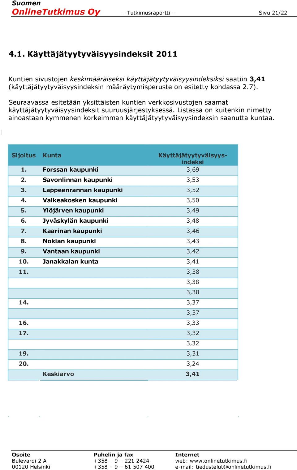 Seuraavassa esitetään yksittäisten kuntien verkkosivustojen saamat käyttäjätyytyväisyysindeksit suuruusjärjestyksessä.