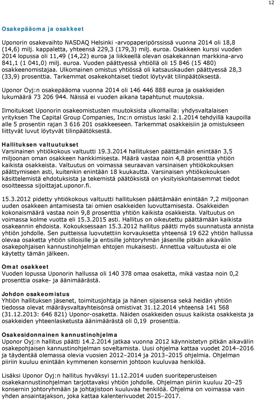 Ulkomainen omistus yhtiössä oli katsauskauden päättyessä 28,3 (33,9) prosenttia. Tarkemmat osakekohtaiset tiedot löytyvät tilinpäätöksestä.