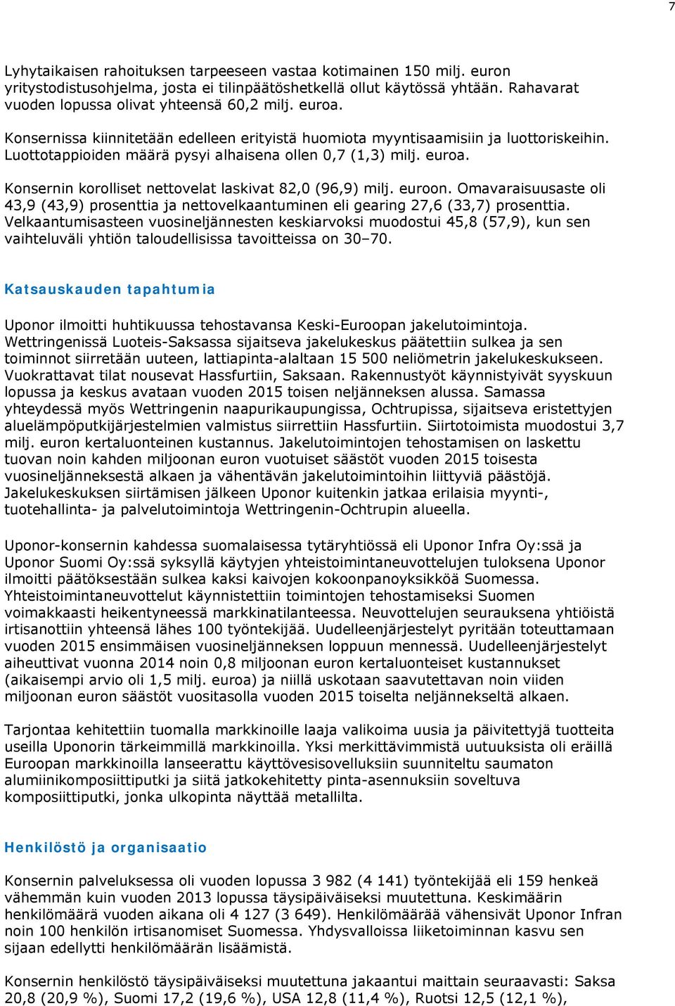 Konsernin korolliset nettovelat laskivat 82,0 (96,9) milj. euroon. Omavaraisuusaste oli 43,9 (43,9) prosenttia ja nettovelkaantuminen eli gearing 27,6 (33,7) prosenttia.