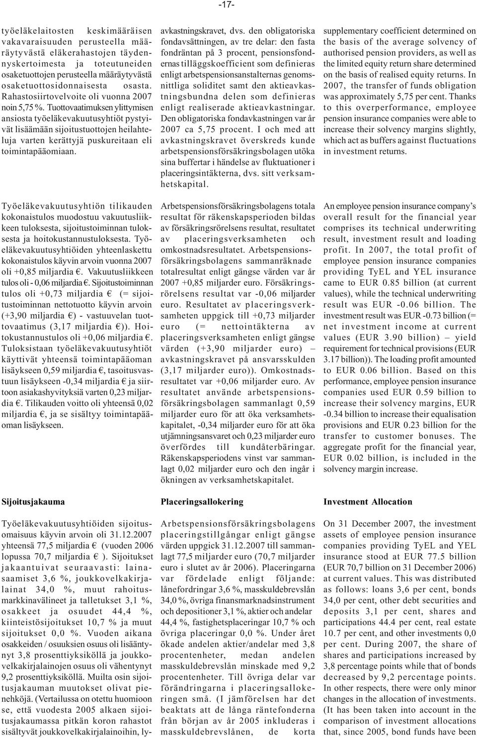 Tuottovaatimuksen ylittymisen ansiosta työeläkevakuutusyhtiöt pystyivät lisäämään sijoitustuottojen heilahteluja varten kerättyjä puskureitaan eli toimintapääomiaan.