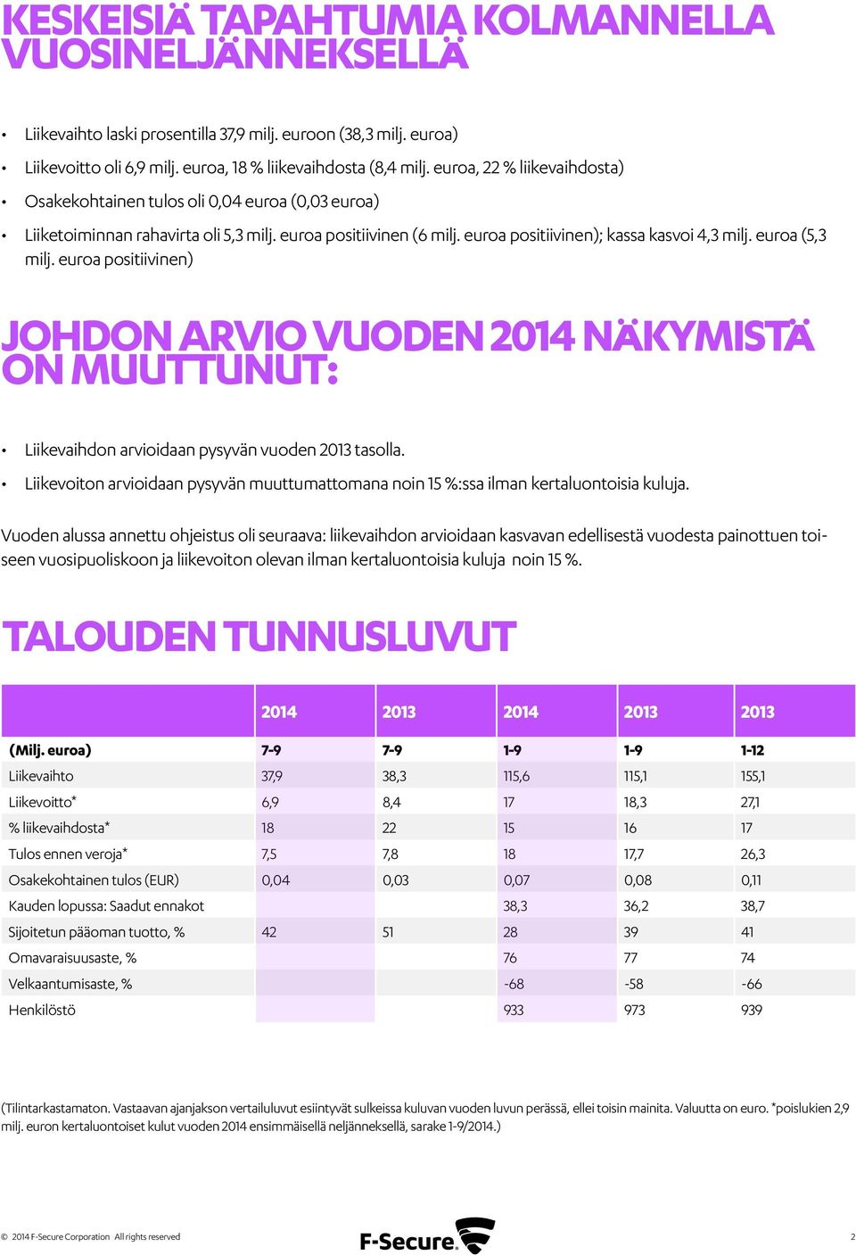 euroa (5,3 milj. euroa positiivinen) Johdon arvio vuoden 2014 näkymistä on muuttunut: Liikevaihdon arvioidaan pysyvän vuoden 2013 tasolla.