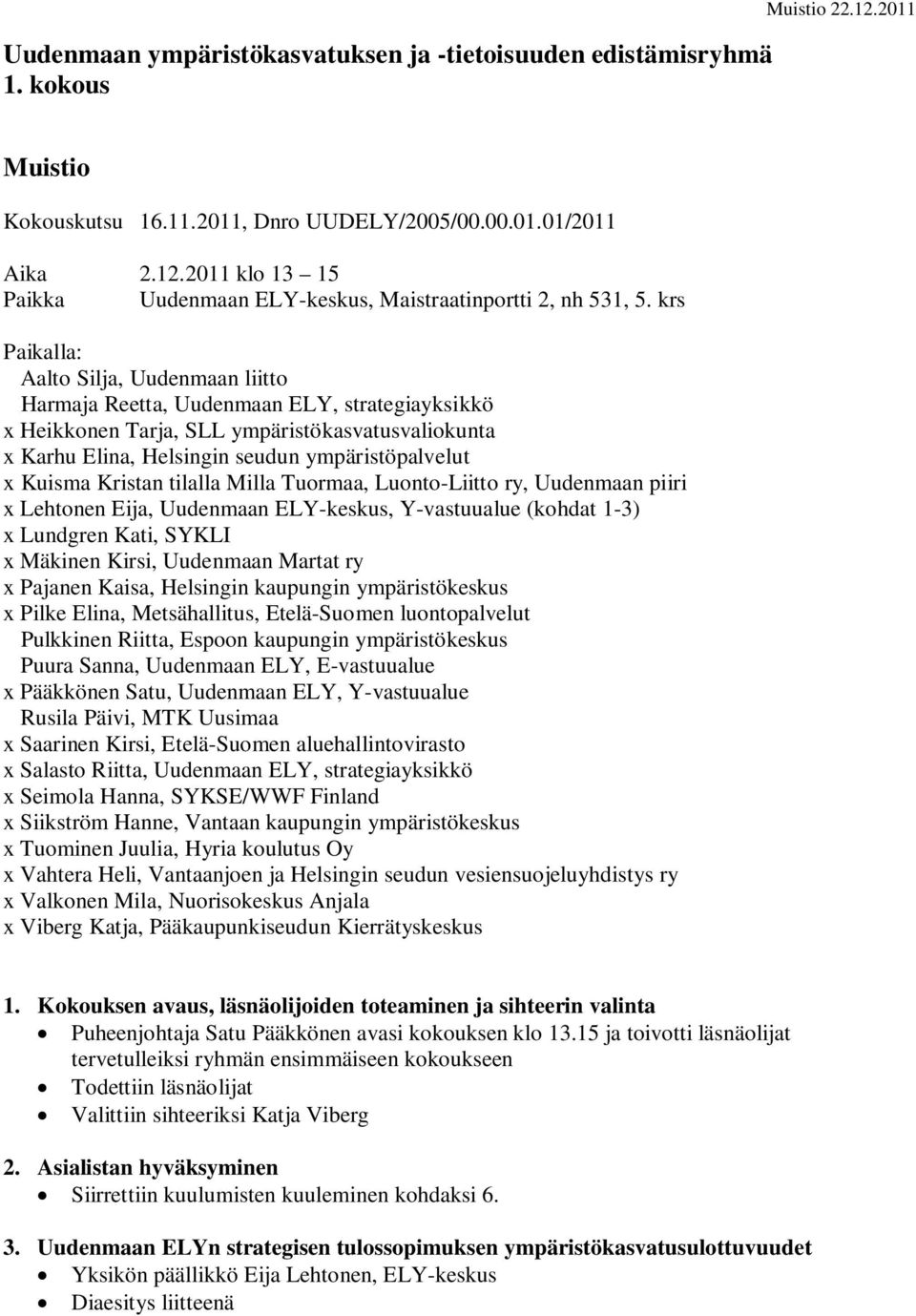 krs Paikalla: Aalto Silja, Uudenmaan liitto Harmaja Reetta, Uudenmaan ELY, strategiayksikkö x Heikkonen Tarja, SLL ympäristökasvatusvaliokunta x Karhu Elina, Helsingin seudun ympäristöpalvelut x