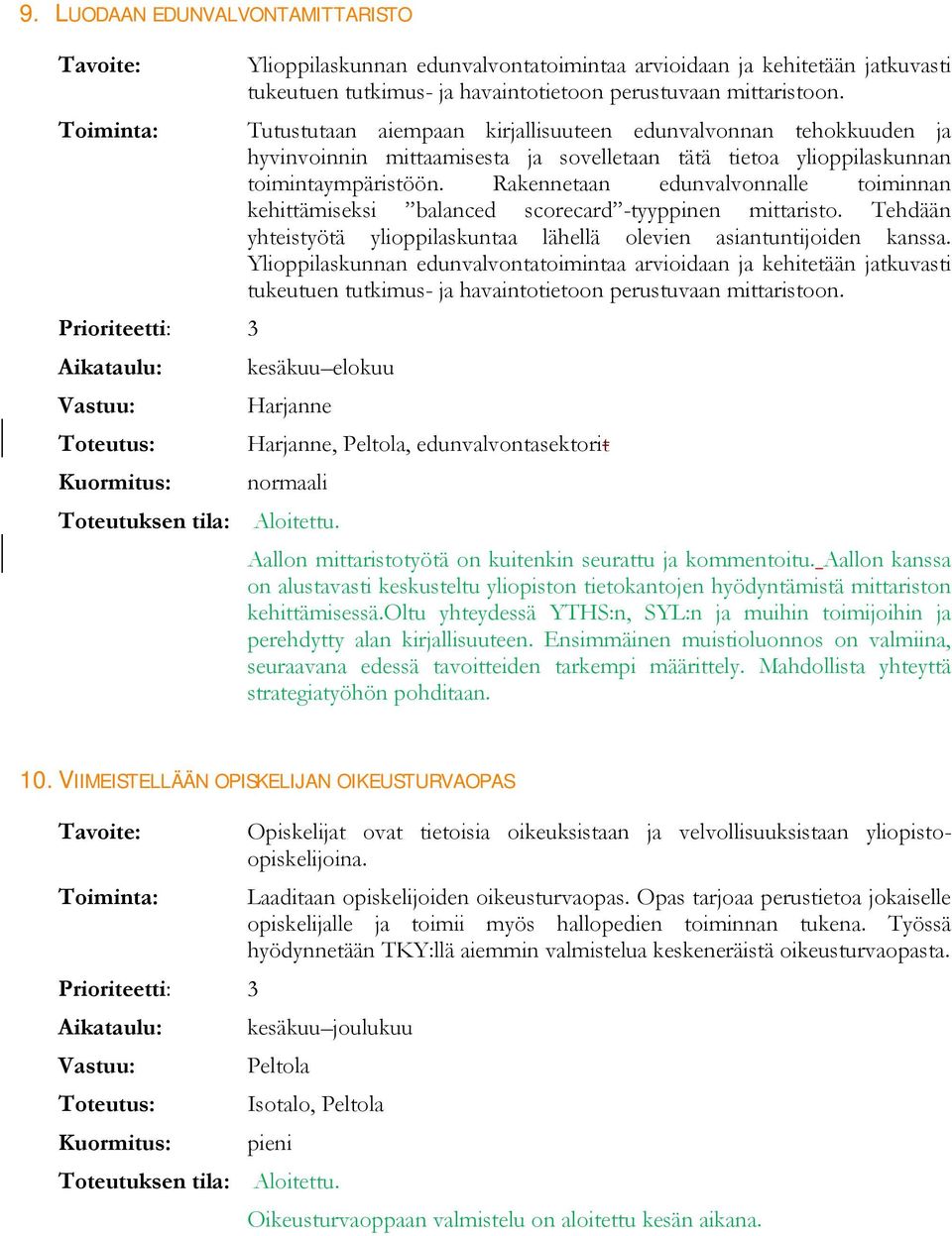 Rakennetaan edunvalvonnalle toiminnan kehittämiseksi balanced scorecard -tyyppinen mittaristo. Tehdään yhteistyötä ylioppilaskuntaa lähellä olevien asiantuntijoiden kanssa.