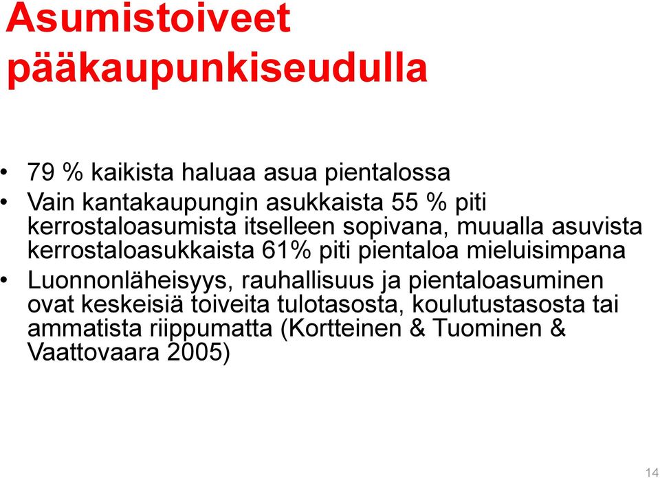 61% piti pientaloa mieluisimpana Luonnonläheisyys, rauhallisuus ja pientaloasuminen ovat keskeisiä