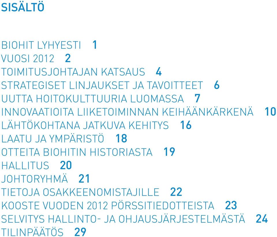 KEHITYS 16 laatu ja ympäristö 18 otteita biohitin historiasta 19 hallitus 20 johtoryhmä 21 tietoja