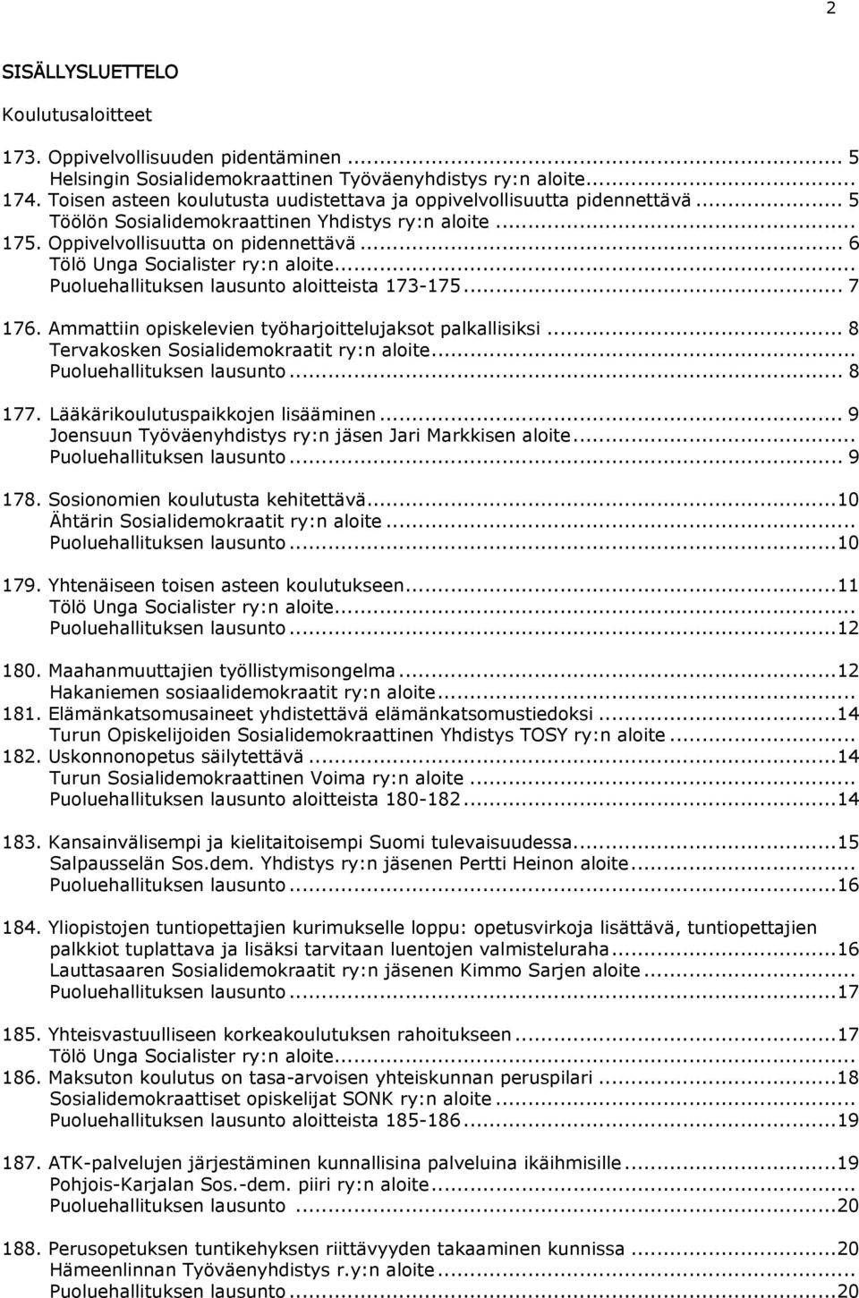 .. 6 Tölö Unga Socialister ry:n aloite... aloitteista 173-175... 7 176. Ammattiin opiskelevien työharjoittelujaksot palkallisiksi... 8 Tervakosken Sosialidemokraatit ry:n aloite...... 8 177.