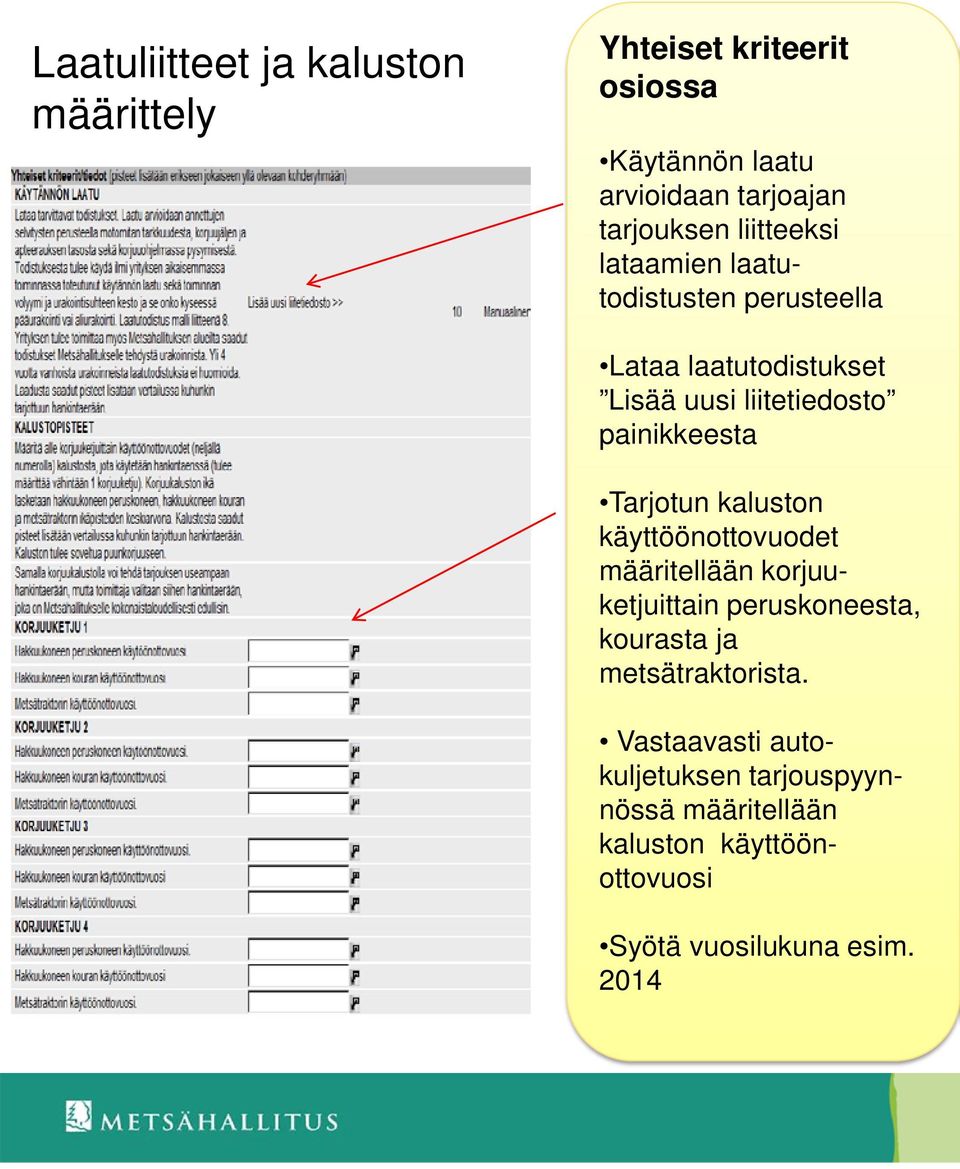 Tarjotun kaluston käyttöönottovuodet määritellään korjuuketjuittain peruskoneesta, kourasta ja metsätraktorista.