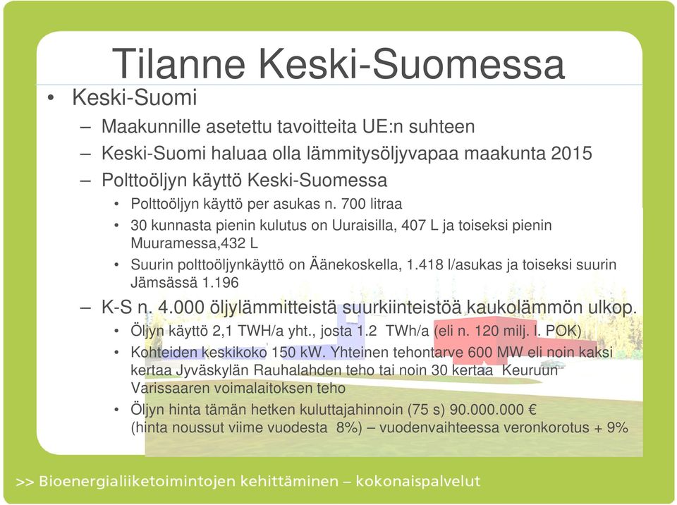 196 K-S n. 4.000 öljylämmitteistä suurkiinteistöä kaukolämmön ulkop. Öljyn käyttö 2,1 TWH/a yht., josta 1.2 TWh/a (eli n. 120 milj. l. POK) Kohteiden keskikoko 150 kw.