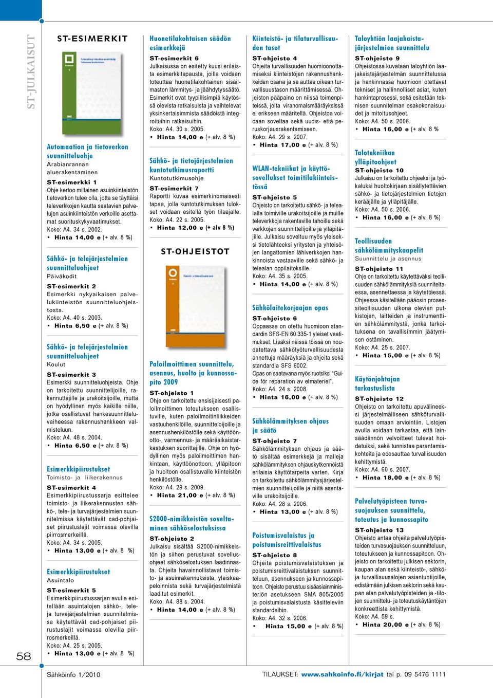 8 %) Sähkö- ja telejärjestelmien suunnitteluohjeet Päiväkodit ST-esimerkit 2 Esimerkki nykyaikaisen palvelukiinteistön suunnitteluohjeistosta. Koko: A4. 40 s. 2003. Hinta 6,50 e (+ alv.
