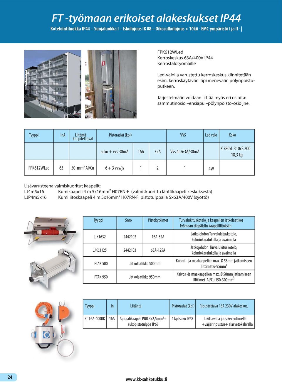 Tyyppi InA Liitäntä Pistorasiat (kpl) VVS Led valo Koko ketjutettavat suko + vvs 30mA 6A 32A Vvs 4n/63A/30mA K 780xL 30xS 200 8,3 kg FPK62WLed 63 50 mm 2 Al/Cu 6 + 3 vvs/js 2 4W Lisävarusteena