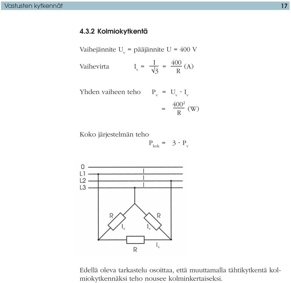 = = (A) 3 R Yhden vaiheen teho P v = U v I v 400 = 2 (W) R Koko järjestelmän