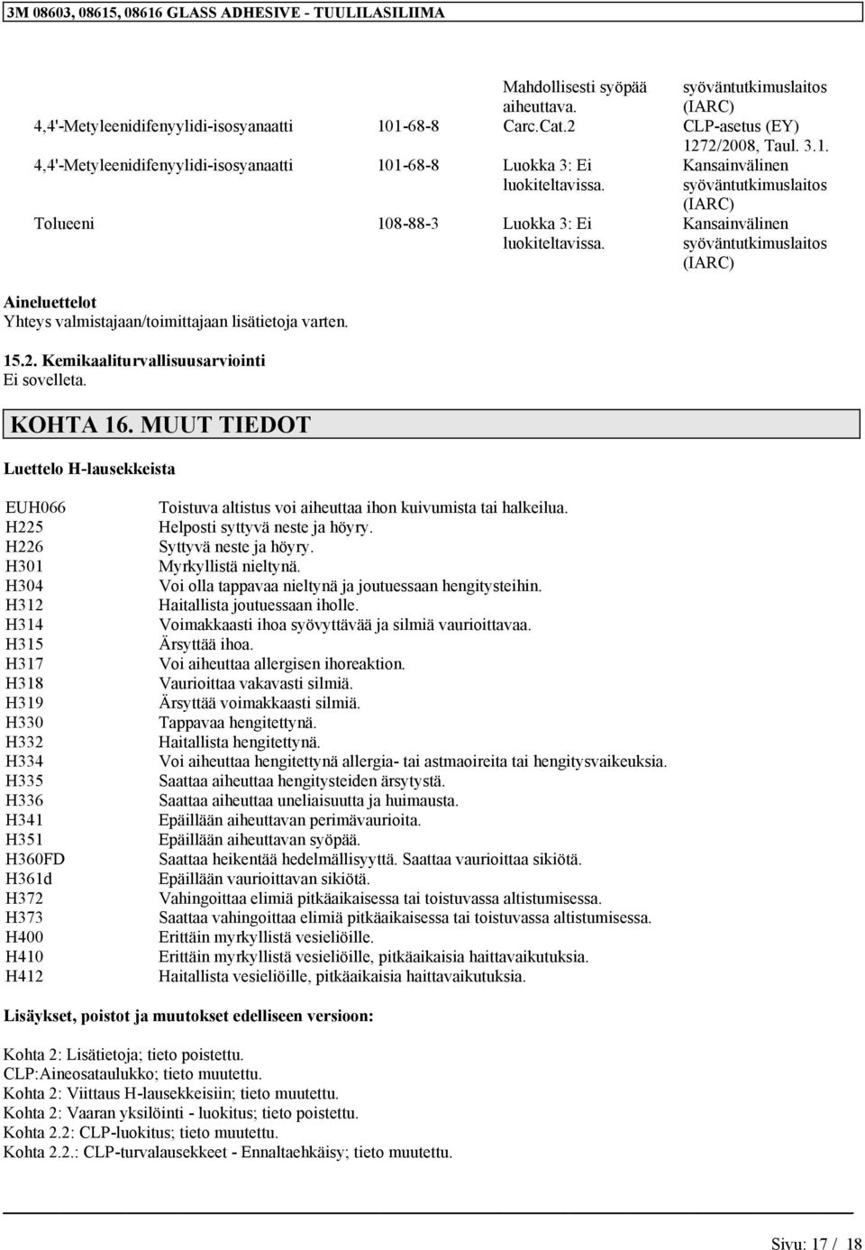 MUUT TIEDOT Luettelo H-lausekkeista (IARC) Kasaivälie syövätutkimuslaitos (IARC) EUH066 H225 H226 H301 H304 H312 H314 H315 H317 H318 H319 H330 H332 H334 H335 H336 H341 H351 H360FD H361d H372 H373