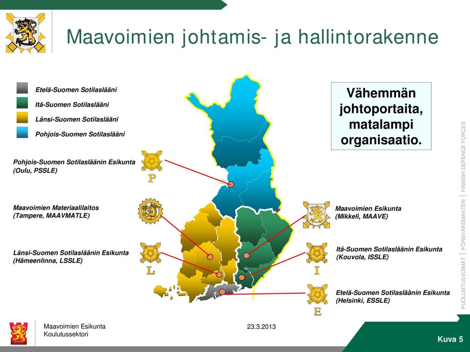 MAAVMATLE) Länsi-Suomen Sotilasläänin Esikunta (Hämeenlinna, LSSLE) Vähemmän johtoportaita, matalampi organisaatio.