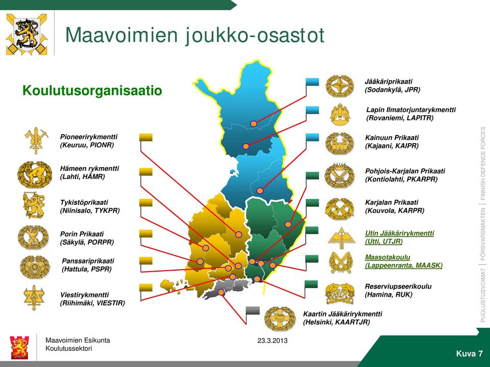 Viestirykmentti (Riihimäki, VIESTIR) Kaartin Jääkärirykmentti (Helsinki, KAARTJR) Kainuun Prikaati (Kajaani, KAIPR) Pohjois-Karjalan Prikaati