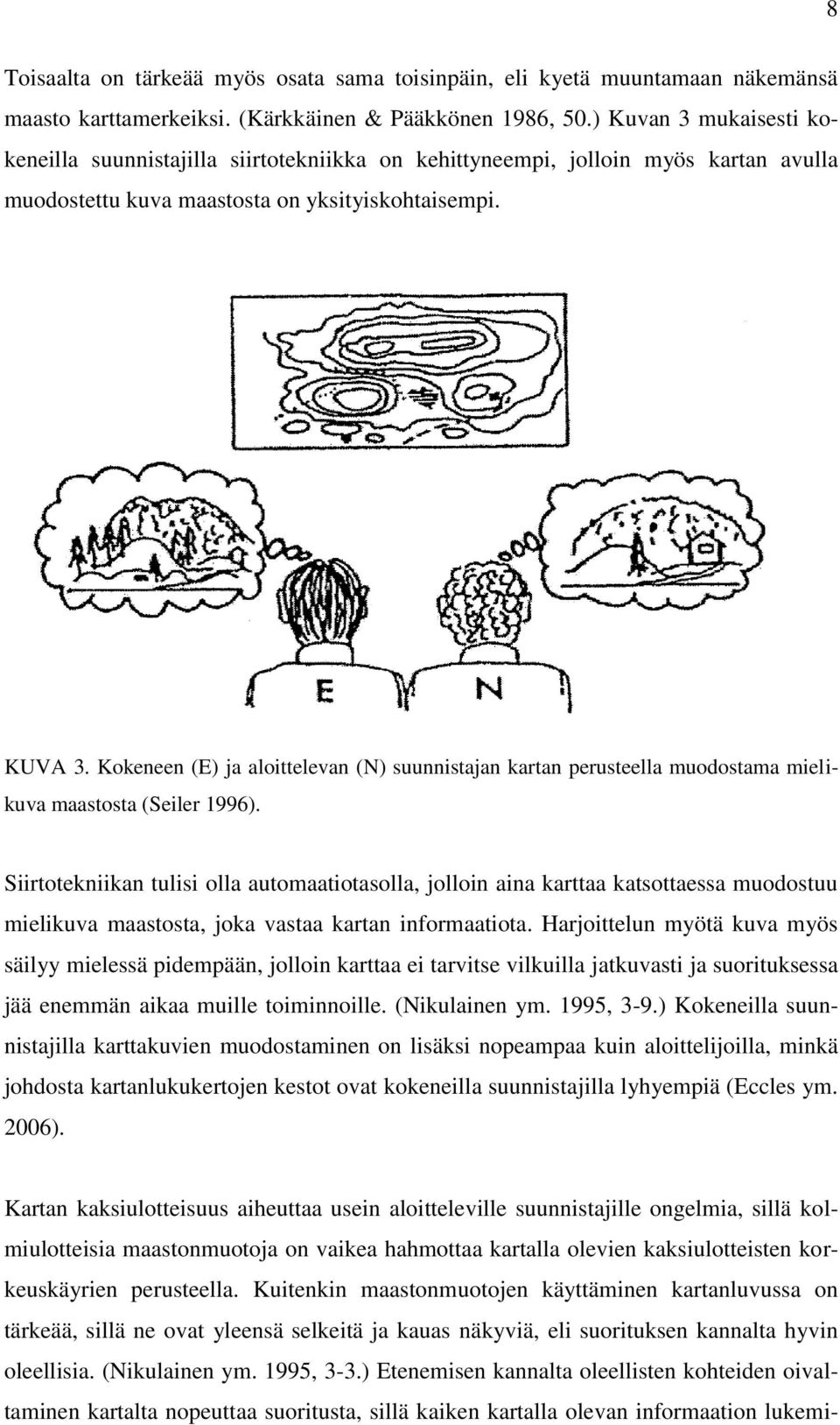 Kokeneen (E) ja aloittelevan (N) suunnistajan kartan perusteella muodostama mielikuva maastosta (Seiler 1996).