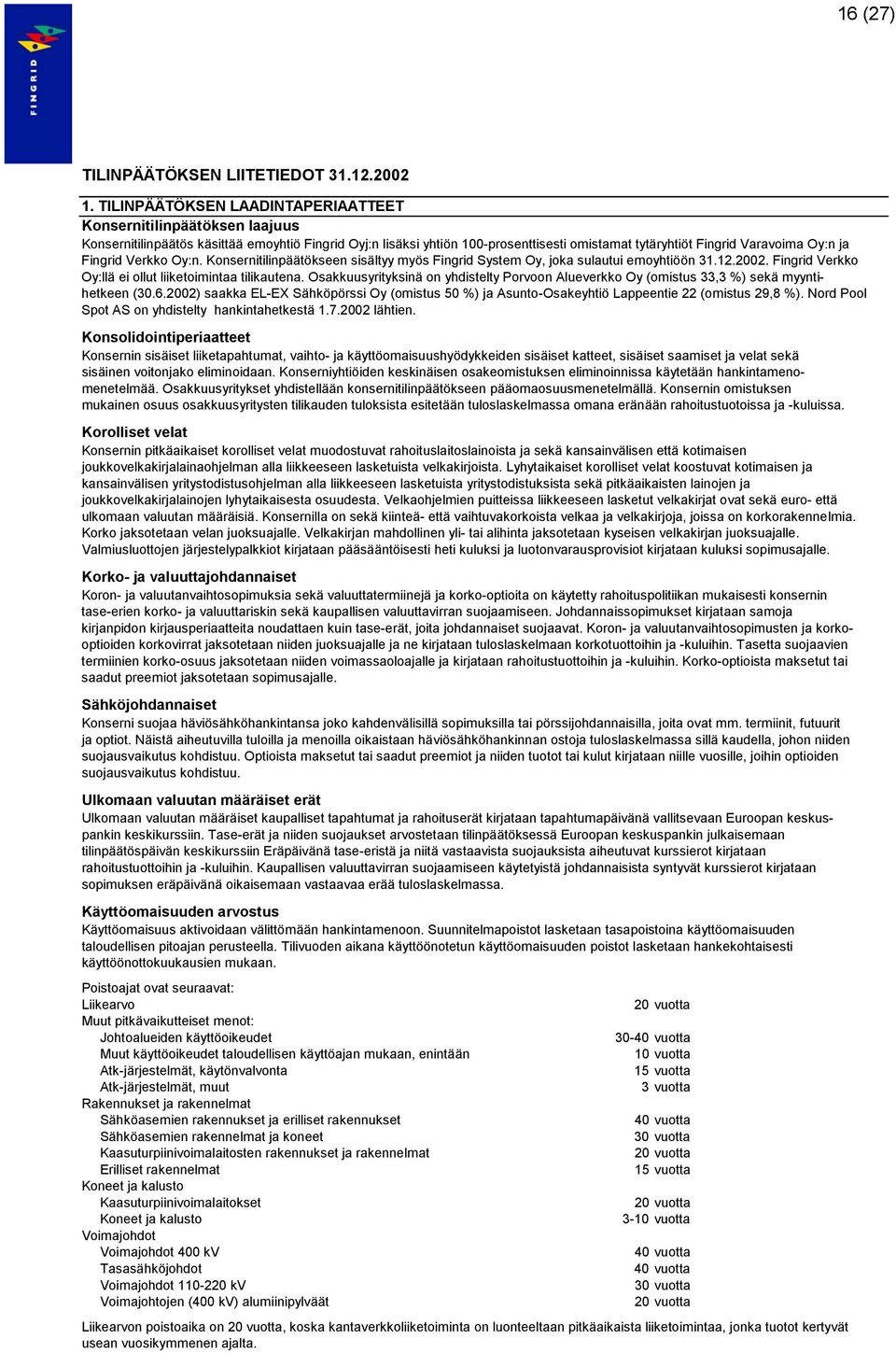 Fingrid Verkko Oy:n. Konsernitilinpäätökseen sisältyy myös Fingrid System Oy, joka sulautui emoyhtiöön 31.12.2002. Fingrid Verkko Oy:llä ei ollut liiketoimintaa tilikautena.