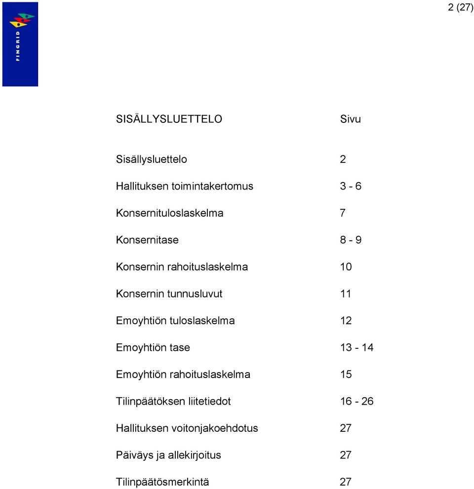 11 Emoyhtiön tuloslaskelma 12 Emoyhtiön tase 13-14 Emoyhtiön rahoituslaskelma 15