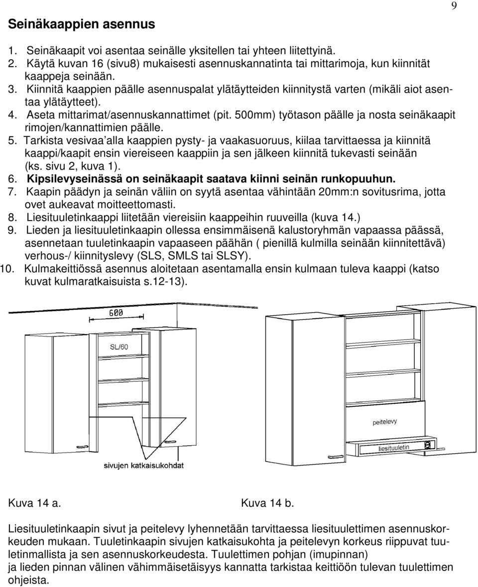 500mm) työtason päälle ja nosta seinäkaapit rimojen/kannattimien päälle. 5.