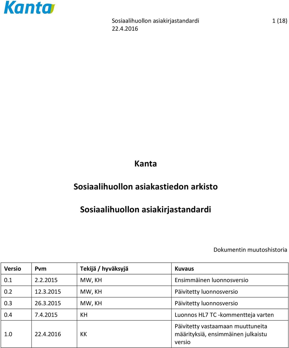 2.2015 MW, KH Ensimmäinen luonnosversio 0.2 12.3.2015 MW, KH Päivitetty luonnosversio 0.3 26.3.2015 MW, KH Päivitetty luonnosversio 0.4 7.