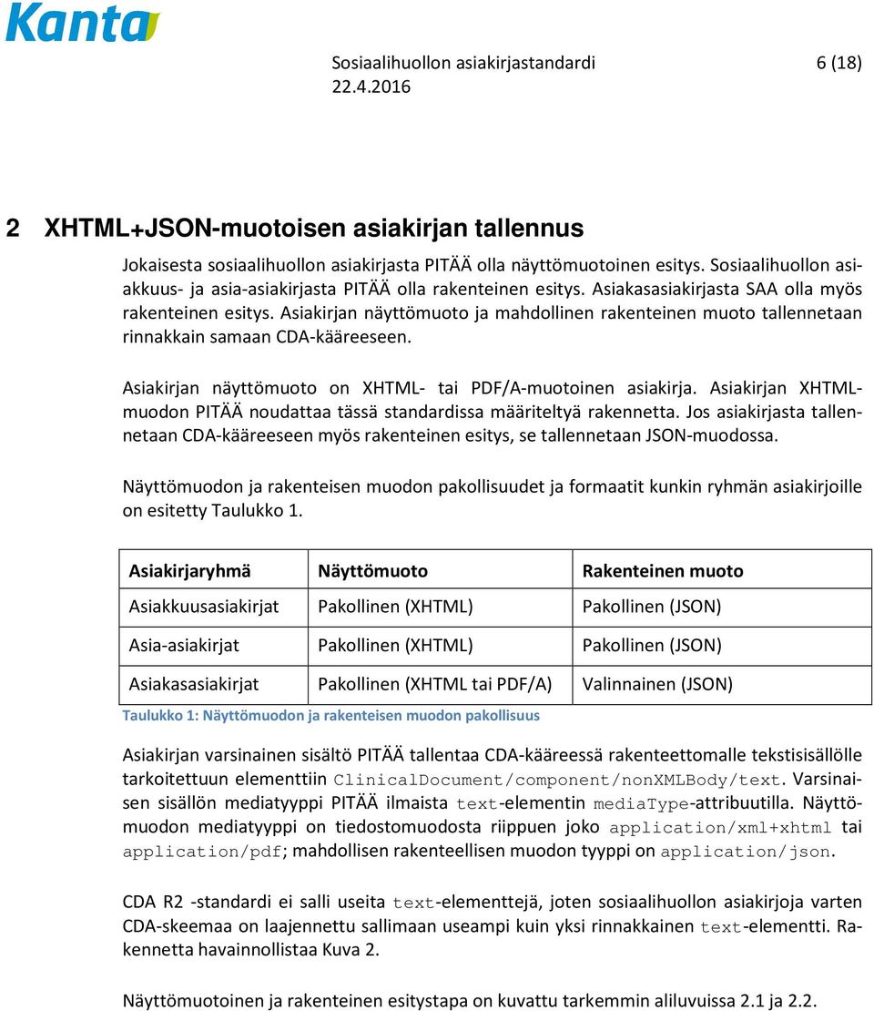 Asiakirjan näyttömuoto ja mahdollinen rakenteinen muoto tallennetaan rinnakkain samaan CDA-kääreeseen. Asiakirjan näyttömuoto on XHTML- tai PDF/A-muotoinen asiakirja.