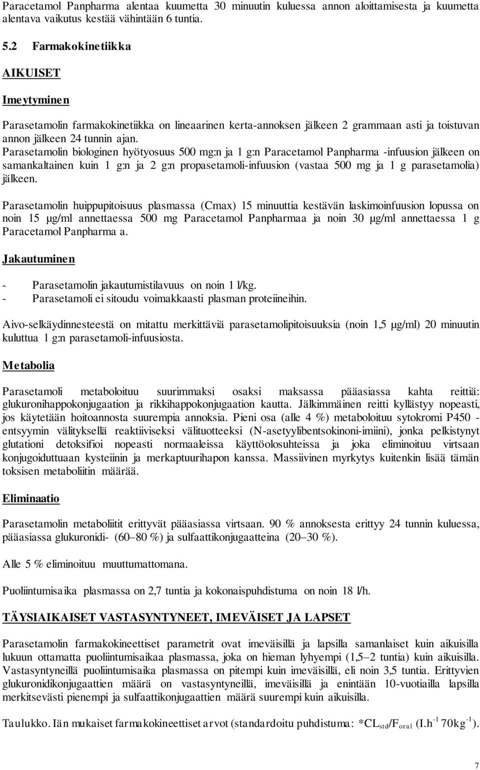 Parasetamolin biologinen hyötyosuus 500 mg:n ja 1 g:n Paracetamol Panpharma -infuusion jälkeen on samankaltainen kuin 1 g:n ja 2 g:n propasetamoli-infuusion (vastaa 500 mg ja 1 g parasetamolia)