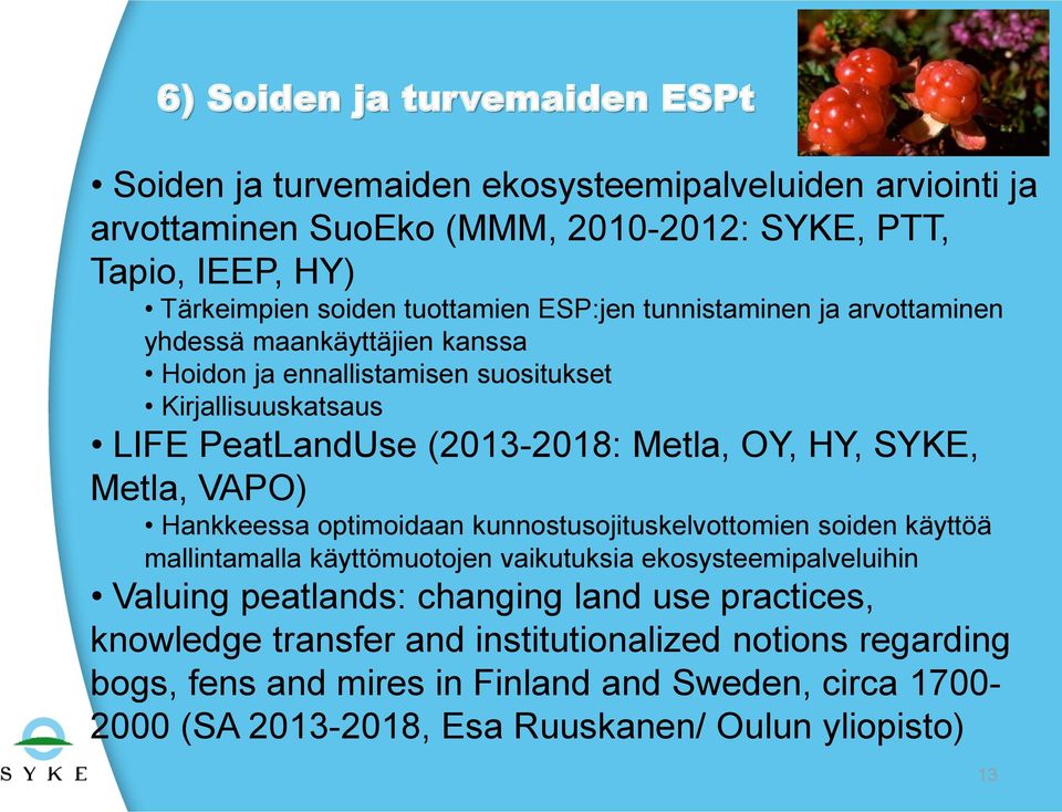 HY, SYKE, Metla, VAPO) Hankkeessa optimoidaan kunnostusojituskelvottomien soiden käyttöä mallintamalla käyttömuotojen vaikutuksia ekosysteemipalveluihin Valuing peatlands: