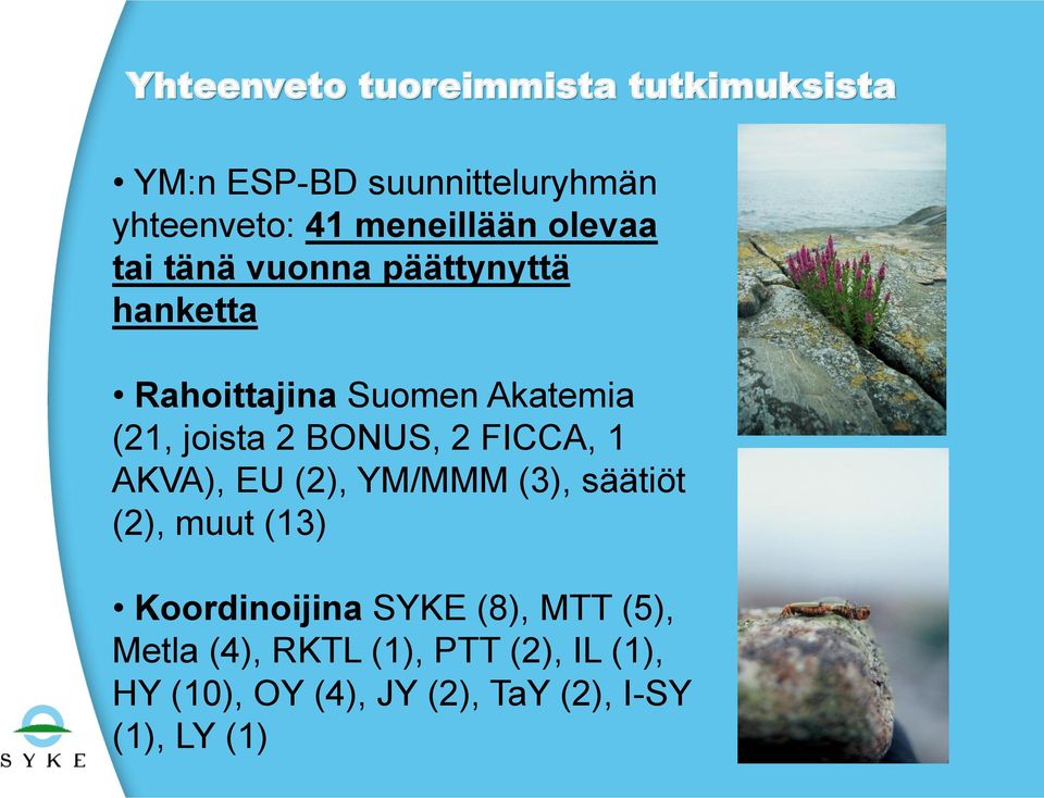 joista 2 BONUS, 2 FICCA, 1 AKVA), EU (2), YM/MMM (3), säätiöt (2), muut (13) Koordinoijina